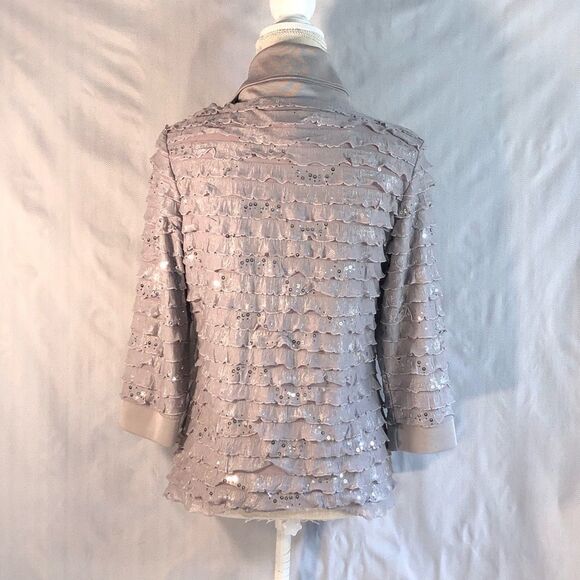 Slinky Brand Silver Tiered Ruffled Sequined One Button Jacket Formal Cardigan S - Picture 5 of 8
